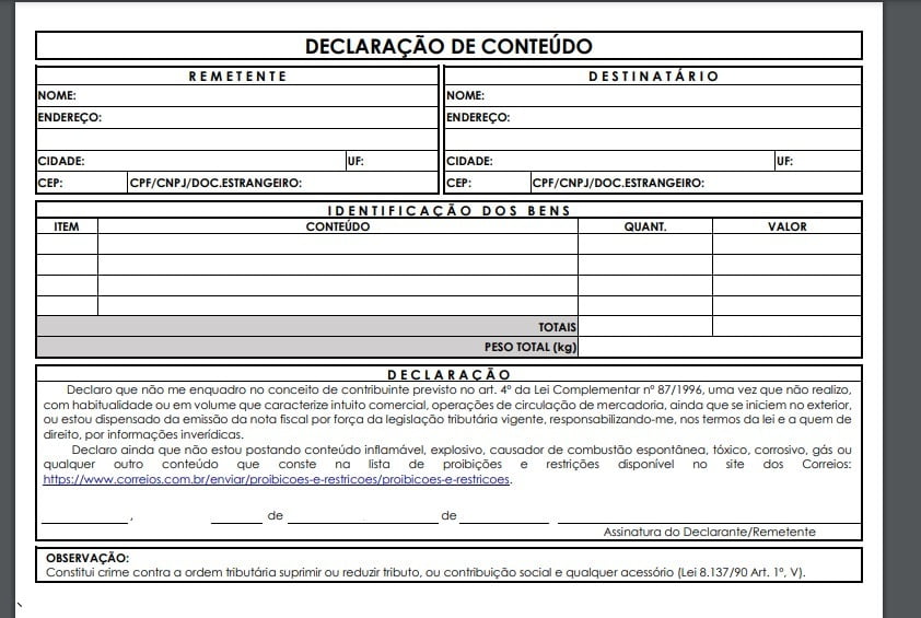 declaração de conteúdo